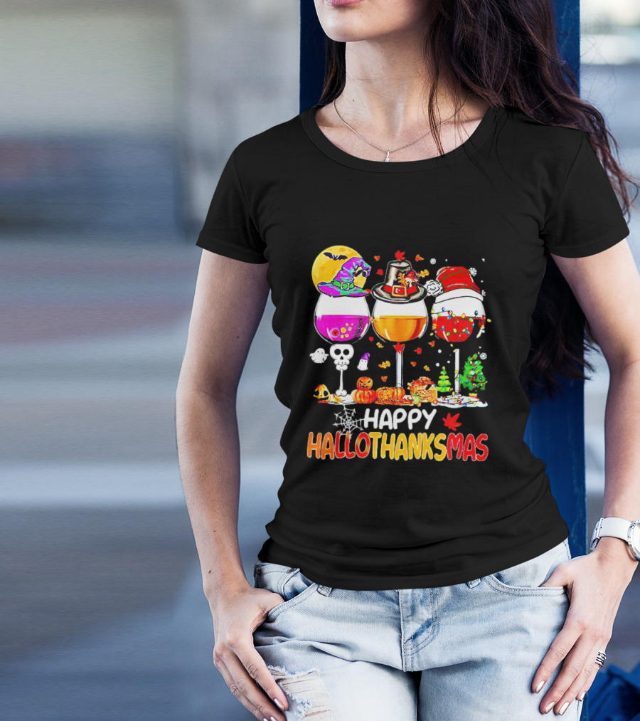 Happy Hallothanksmas Wine Halloween Thanksgiving Christmas T-Shirt