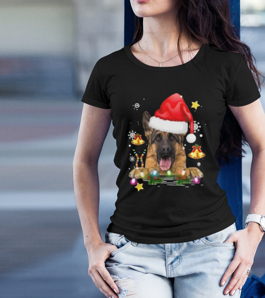 Happy Merry Christmas Lights German Shepherd Dog Festive Santa Hat T-Shirt