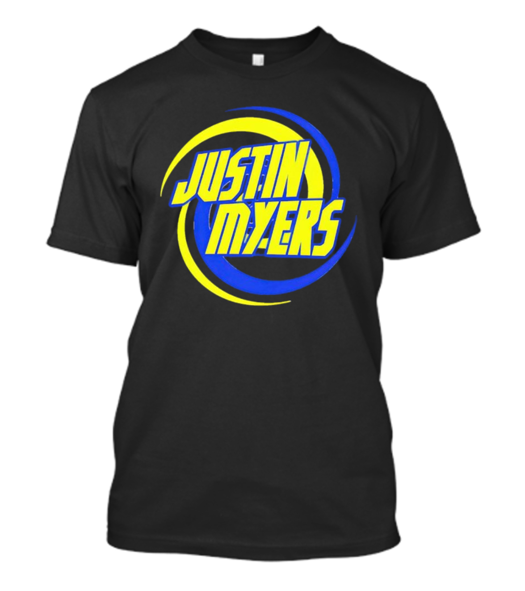 JUSTIN MYERS Blue Yellow Spiral Circle Text T-Shirt