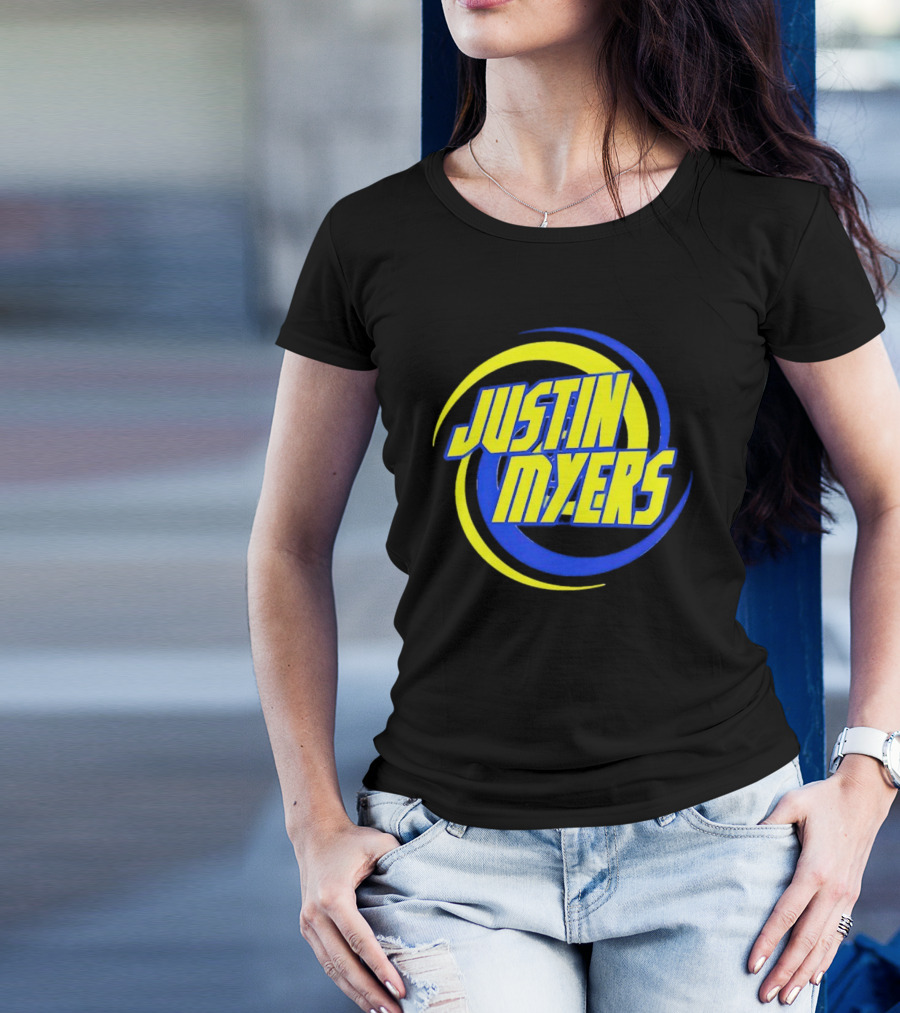 JUSTIN MYERS Blue Yellow Spiral Circle Text T-Shirt