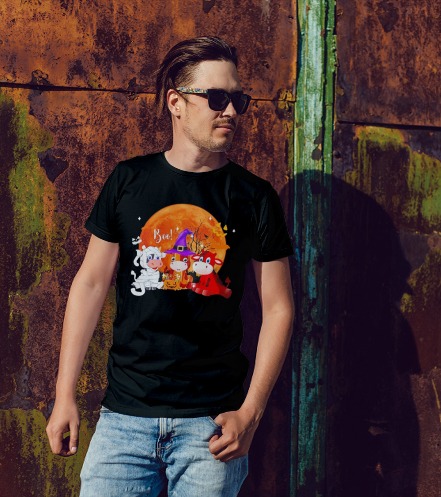 Boo Three Cow Halloween With Witch Hat Mummy And Devil In Front Of Full Moon T-Shirt