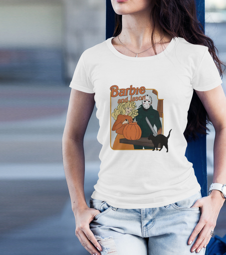 Barbie And Jason Halloween Pumpkin Carving With Black Cat T-Shirt
