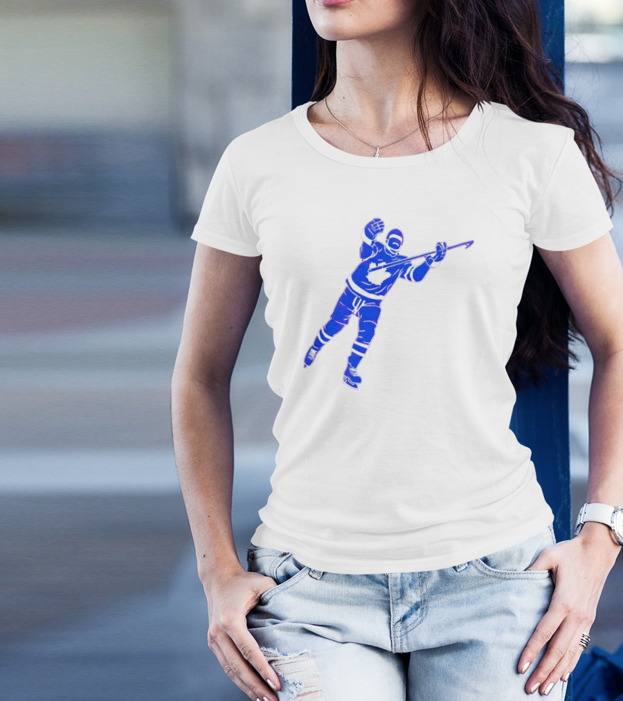 Auston Matthews Celebratory Pose Toronto Maple Leafs Player In Blue And White Hockey Gear T-Shirt