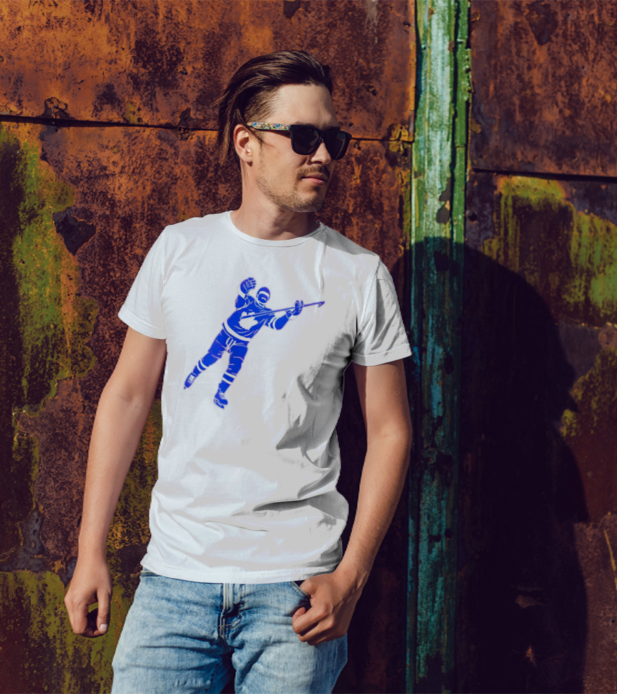 Auston Matthews Celebratory Pose Toronto Maple Leafs Player In Blue And White Hockey Gear T-Shirt