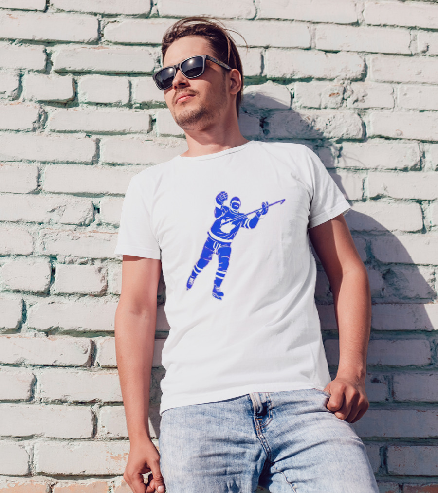 Auston Matthews Celebratory Pose Toronto Maple Leafs Player In Blue And White Hockey Gear T-Shirt