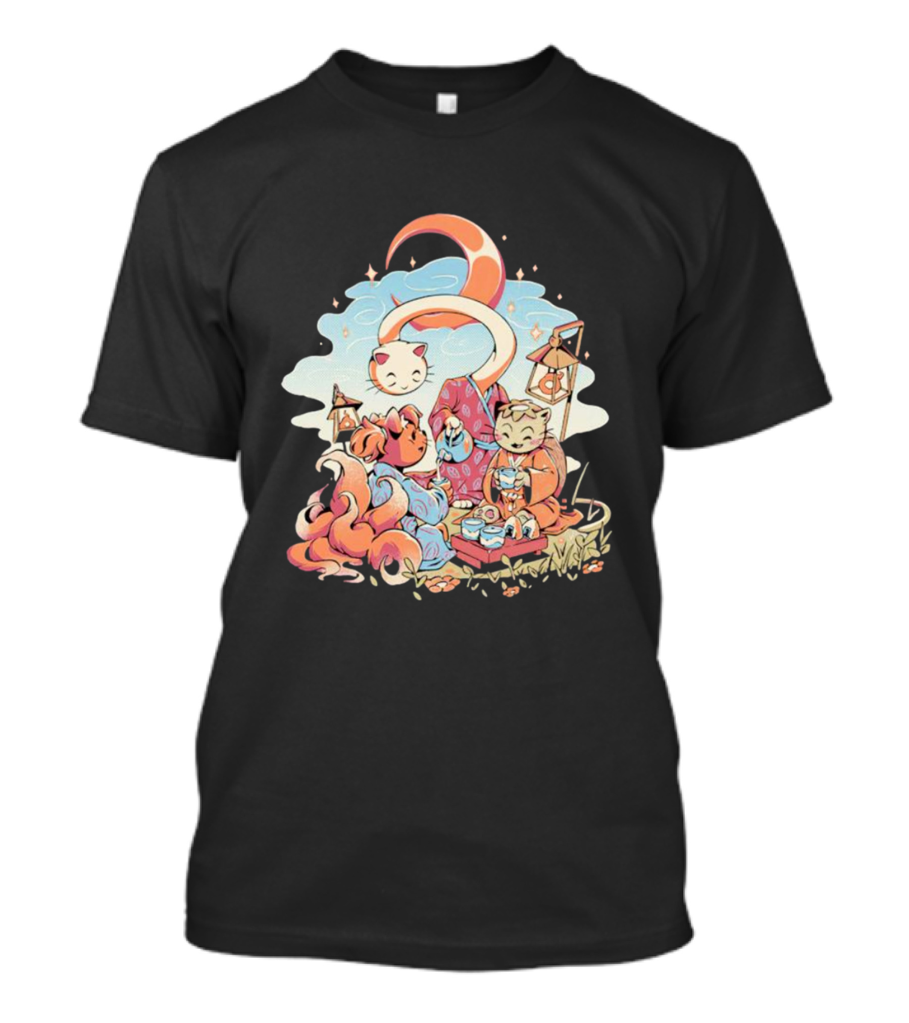 Cat Night Tea Lunar Gathering Whimsical Feline Picnic T-Shirt