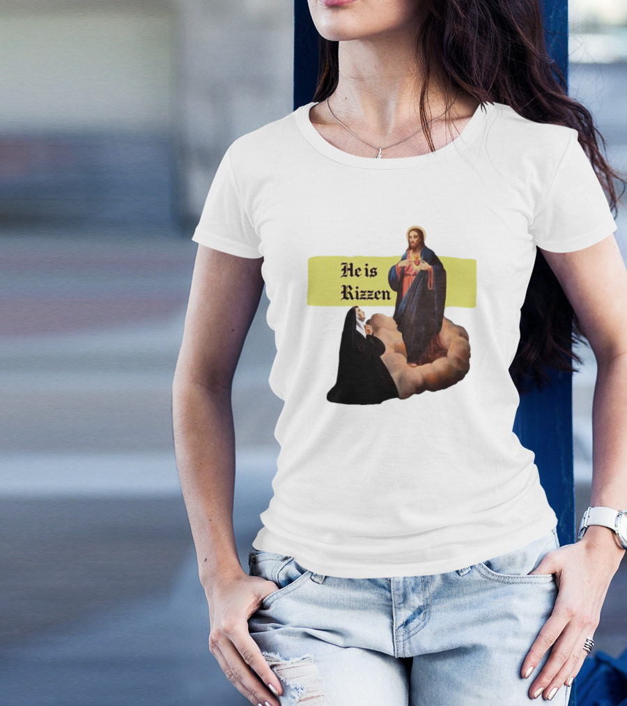He Is Rizzen Jesus With Nun Praying On Cloud T-Shirt