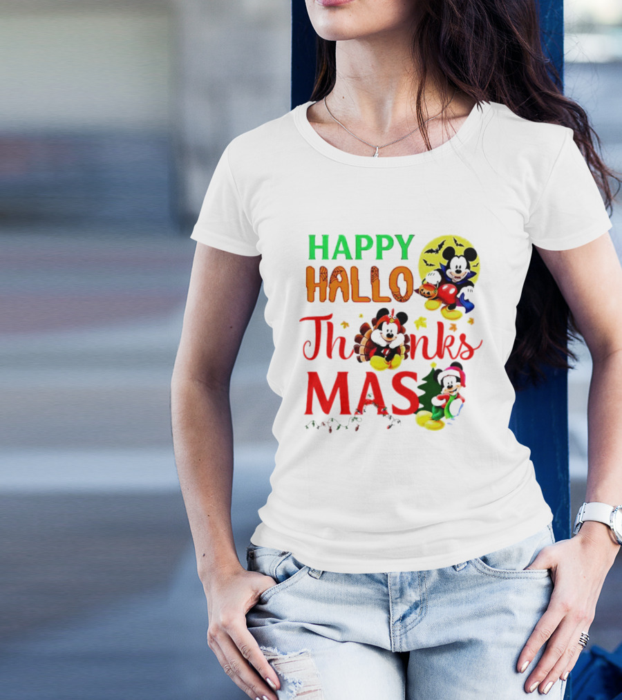 Mickey Mouse Happy Hallothanksmas Halloween Thanksgiving Christmas T-Shirt