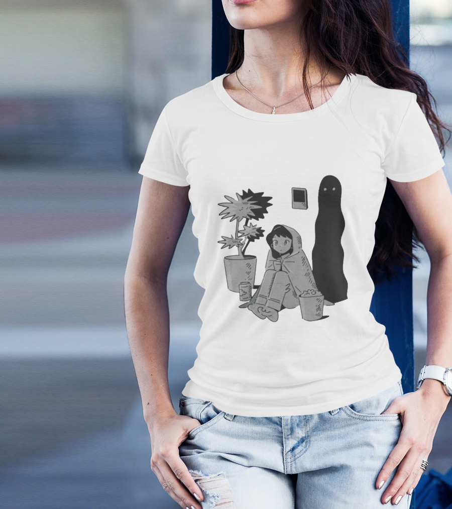 Phantom Cozy: Ghostly Companion And Snuggled Figure With Plant And Snacks T-Shirt