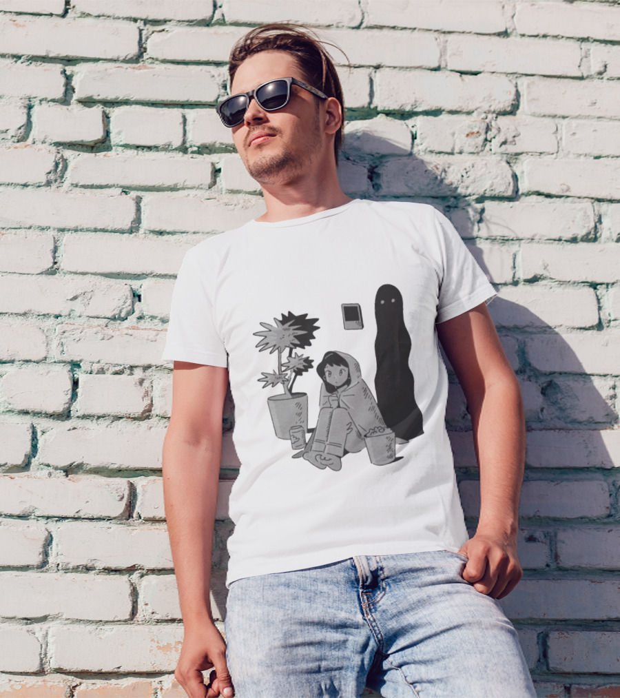 Phantom Cozy: Ghostly Companion And Snuggled Figure With Plant And Snacks T-Shirt
