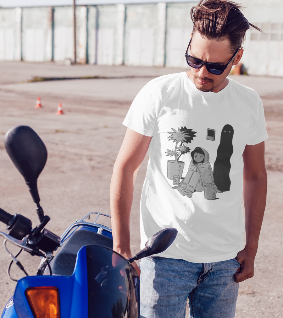 Phantom Cozy: Ghostly Companion And Snuggled Figure With Plant And Snacks T-Shirt