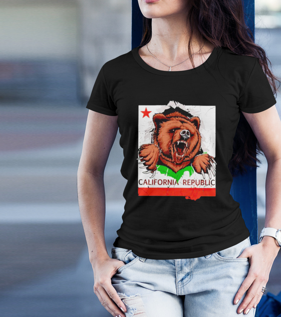 California Republic Bear Roaring Star Red Stripe T-Shirt