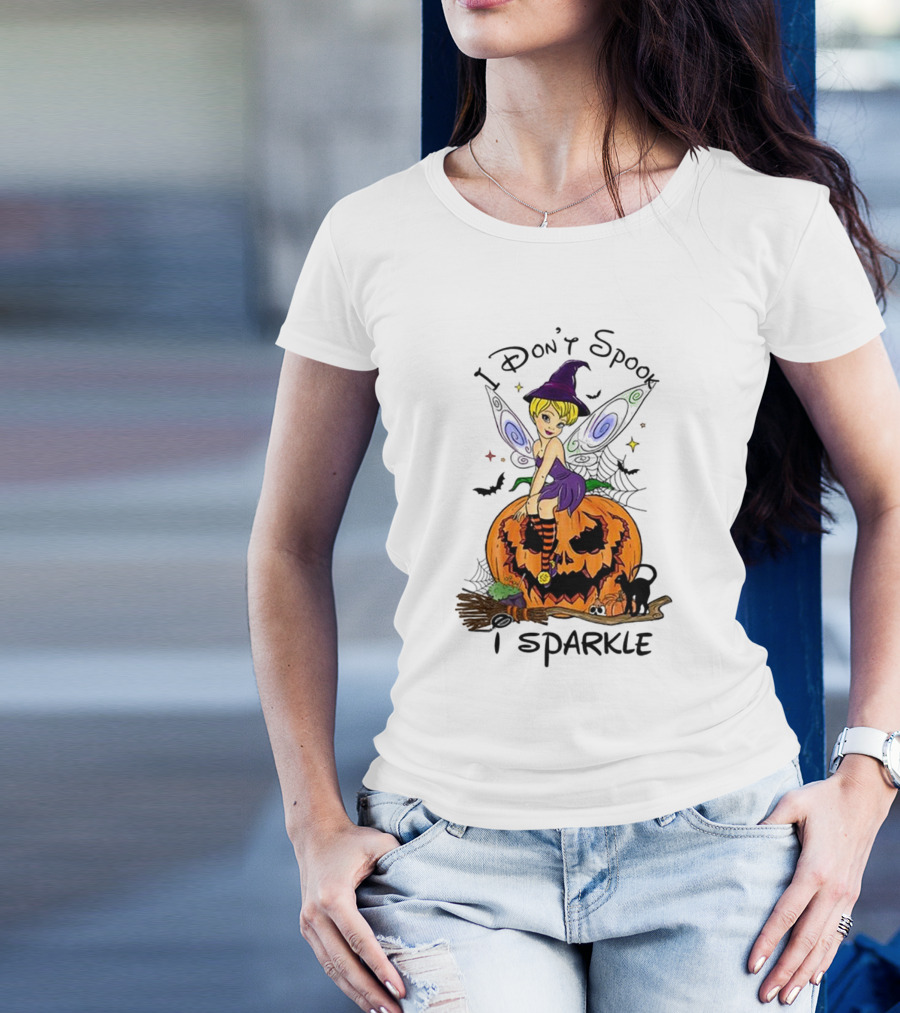 I Don’t Spook I Sparkle Witch Fairy On Pumpkin Halloween Scene T-Shirt