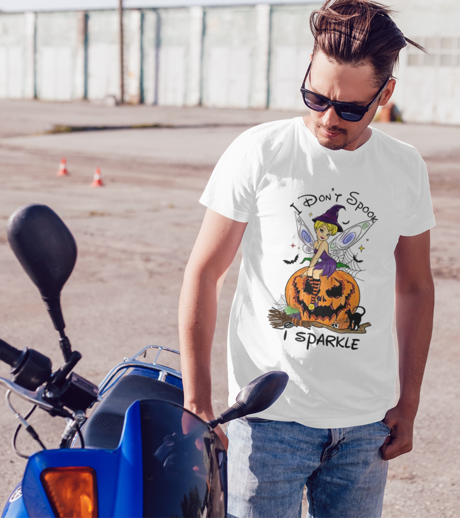 I Don’t Spook I Sparkle Witch Fairy On Pumpkin Halloween Scene T-Shirt