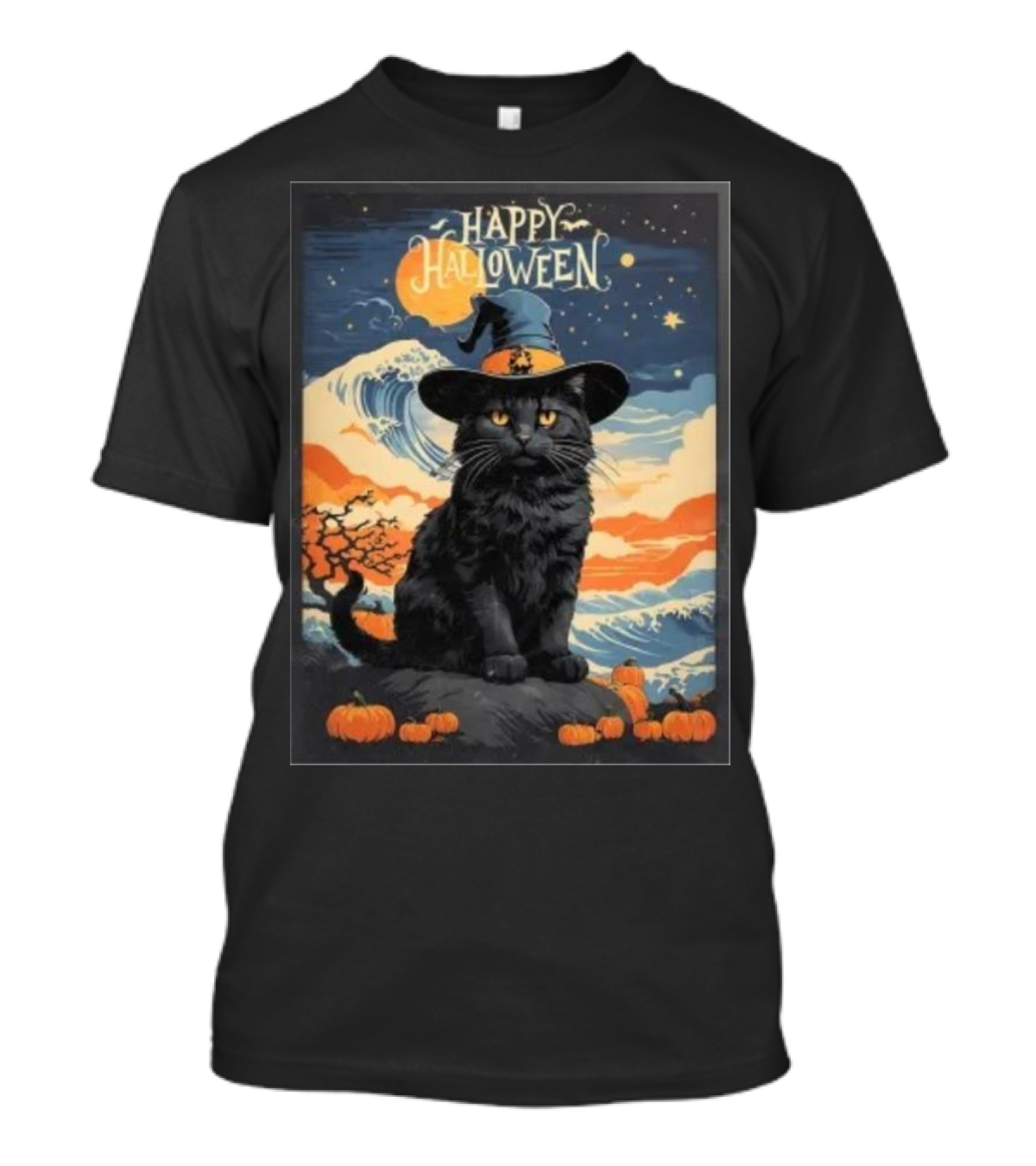 Happy Halloween Black Cat Witch With Pumpkins And Night Sky T-Shirt