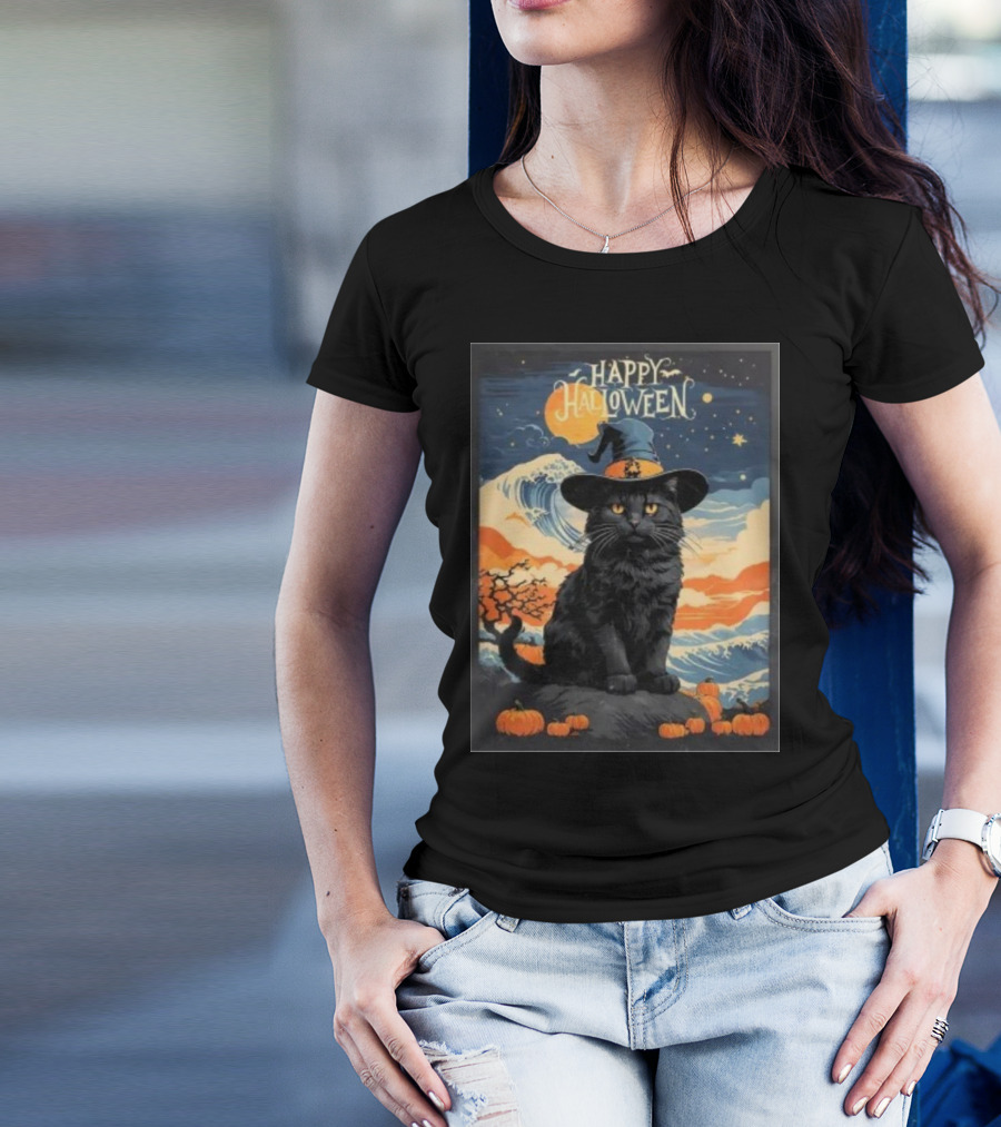 Happy Halloween Black Cat Witch With Pumpkins And Night Sky T-Shirt