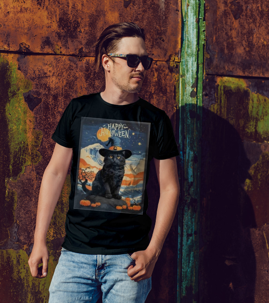 Happy Halloween Black Cat Witch With Pumpkins And Night Sky T-Shirt