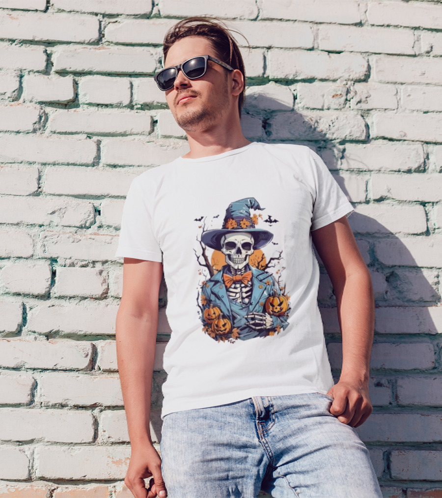 Happy Halloween Skeleton Jack-O'-Lantern Bow Tie Hat T-Shirt
