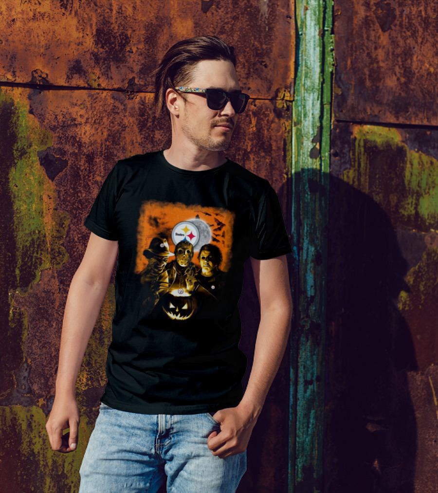 Pittsburgh Steelers Halloween With Freddy Krueger Jason Voorhees Michael Myers Horror Movies T-Shirt