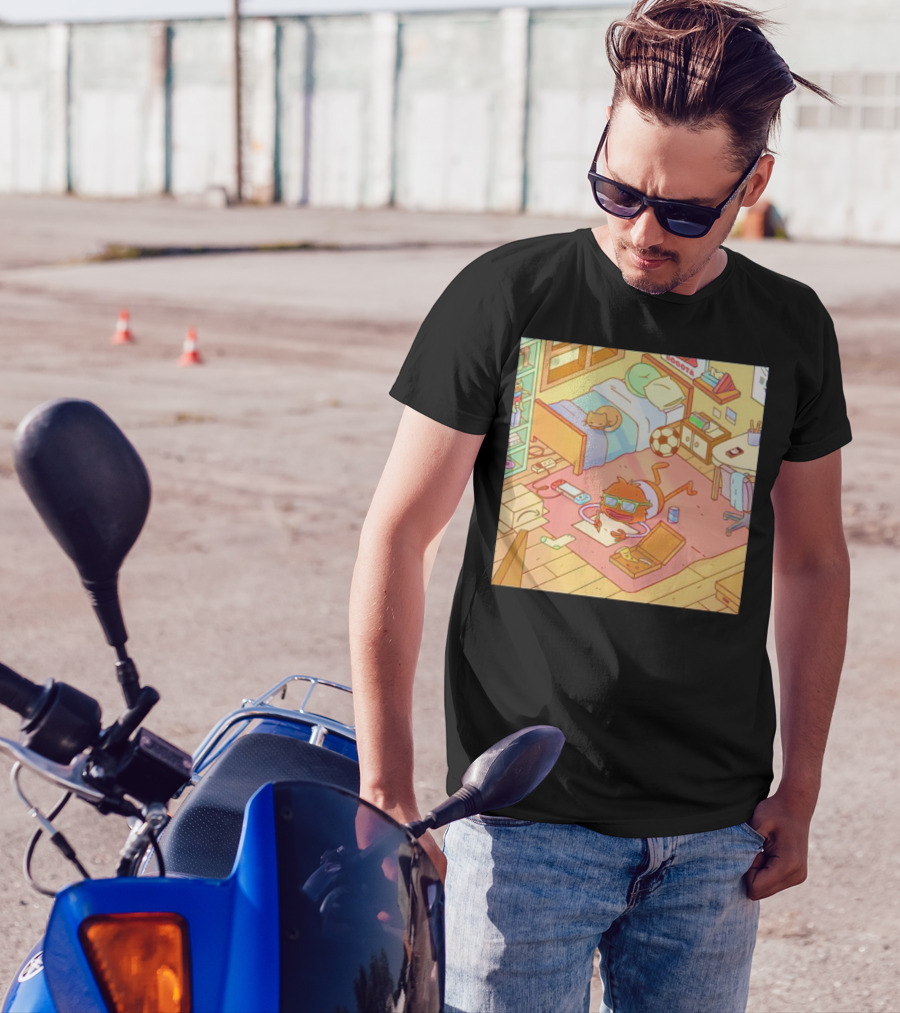 Chillin' Wolfi Gaming Bedroom With Cat And Pizza T-Shirt