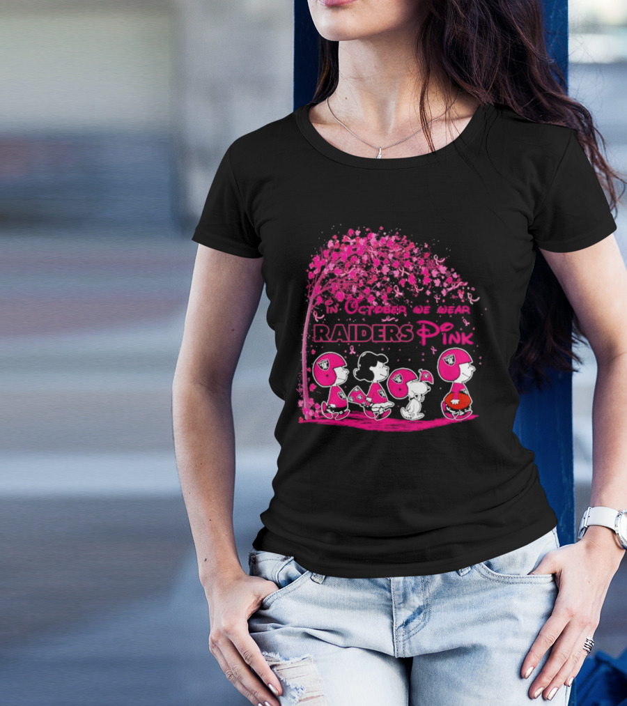 In October We Wear Raiders Pink Peanuts Breast Cancer Awareness T-Shirt