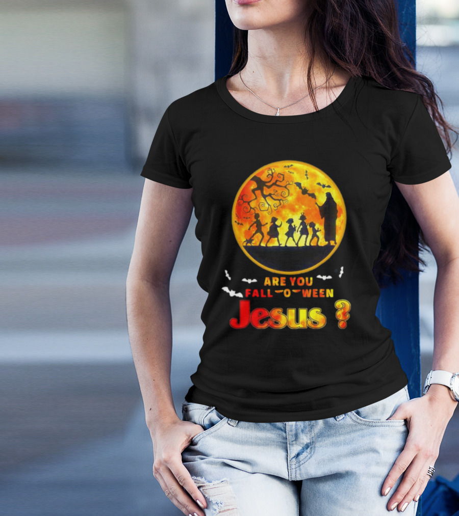 Are You Fall O Ween Jesus Halloween Silhouette With Bats And Tree T-Shirt