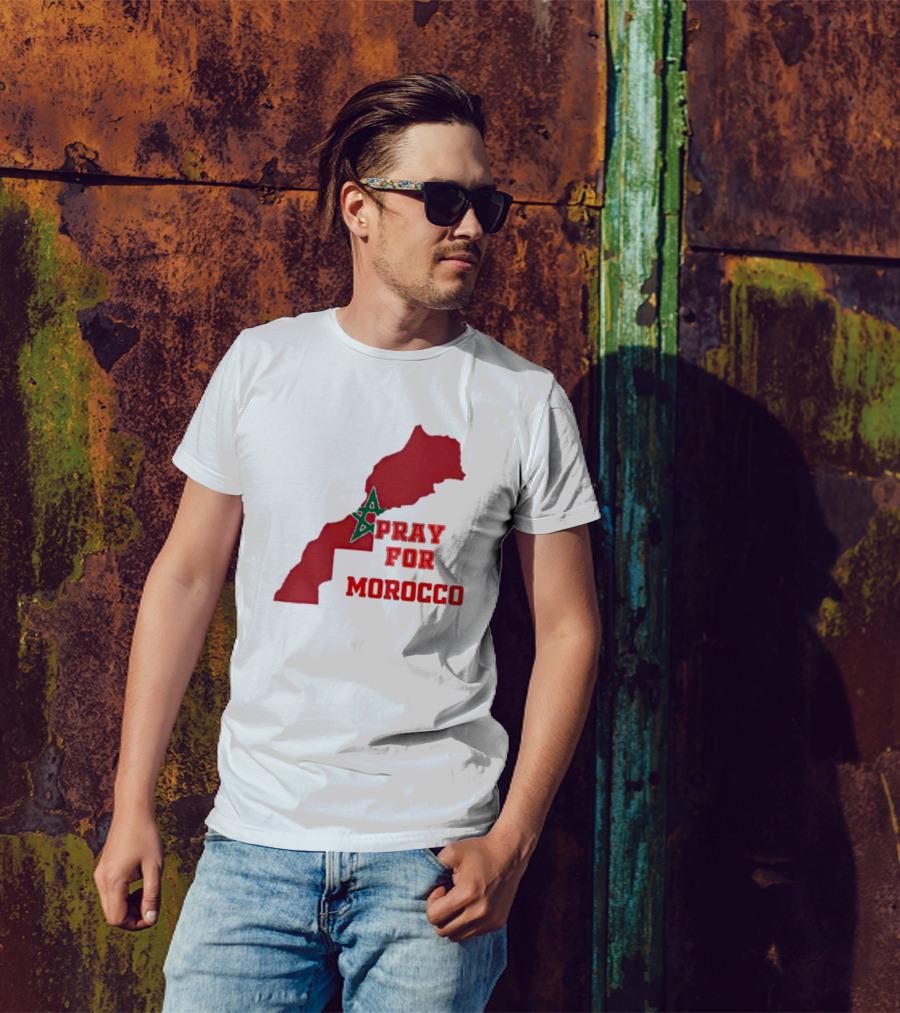 Pray For Morocco Map With Green Star And Red T-Shirt