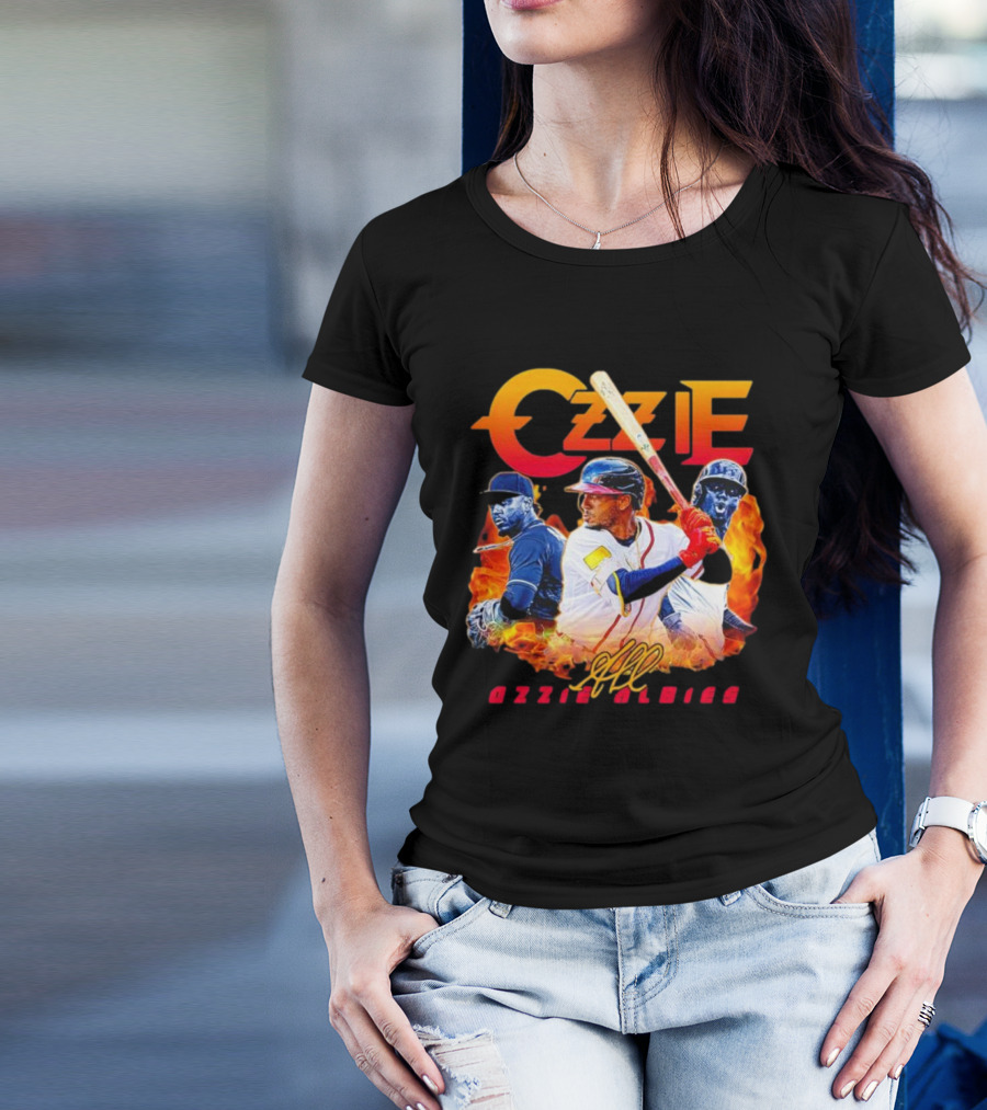 Ozzie Albies MLB Flame Graphic With Signature T-Shirt