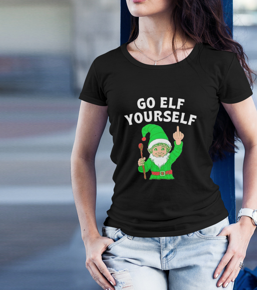 GO ELF YOURSELF Middle Finger Green Elf With Candy Cane T-Shirt