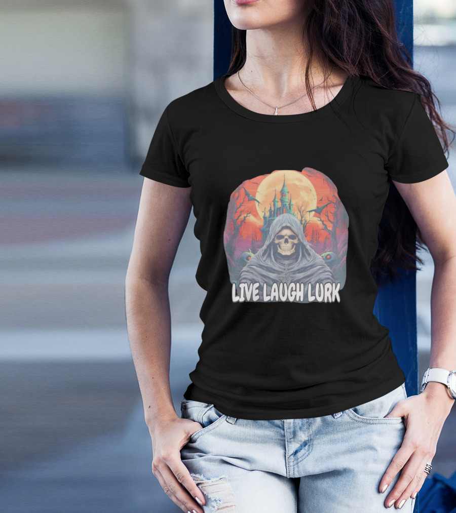 Live Laugh Lurk Skeleton Haunted Castle Bats Full Moon T-Shirt