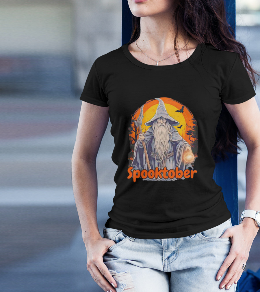 Spooktober Wizard Halloween With Wand And Orange Bats T-Shirt