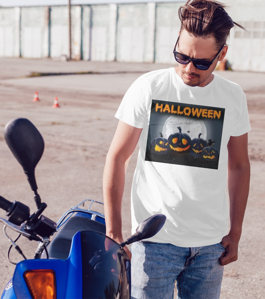 Halloween Horror Pumpkin Picture Moonlit Night Scene T-Shirt