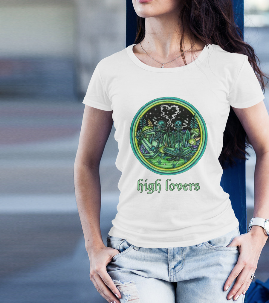High Lovers Skeletons In Psychedelic Forest Scene T-Shirt