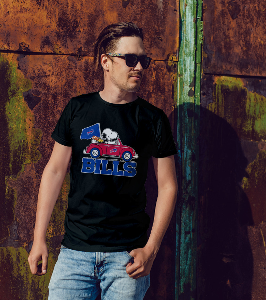Snoopy Woodstock Driving Red Car Buffalo Bills Flag T-Shirt