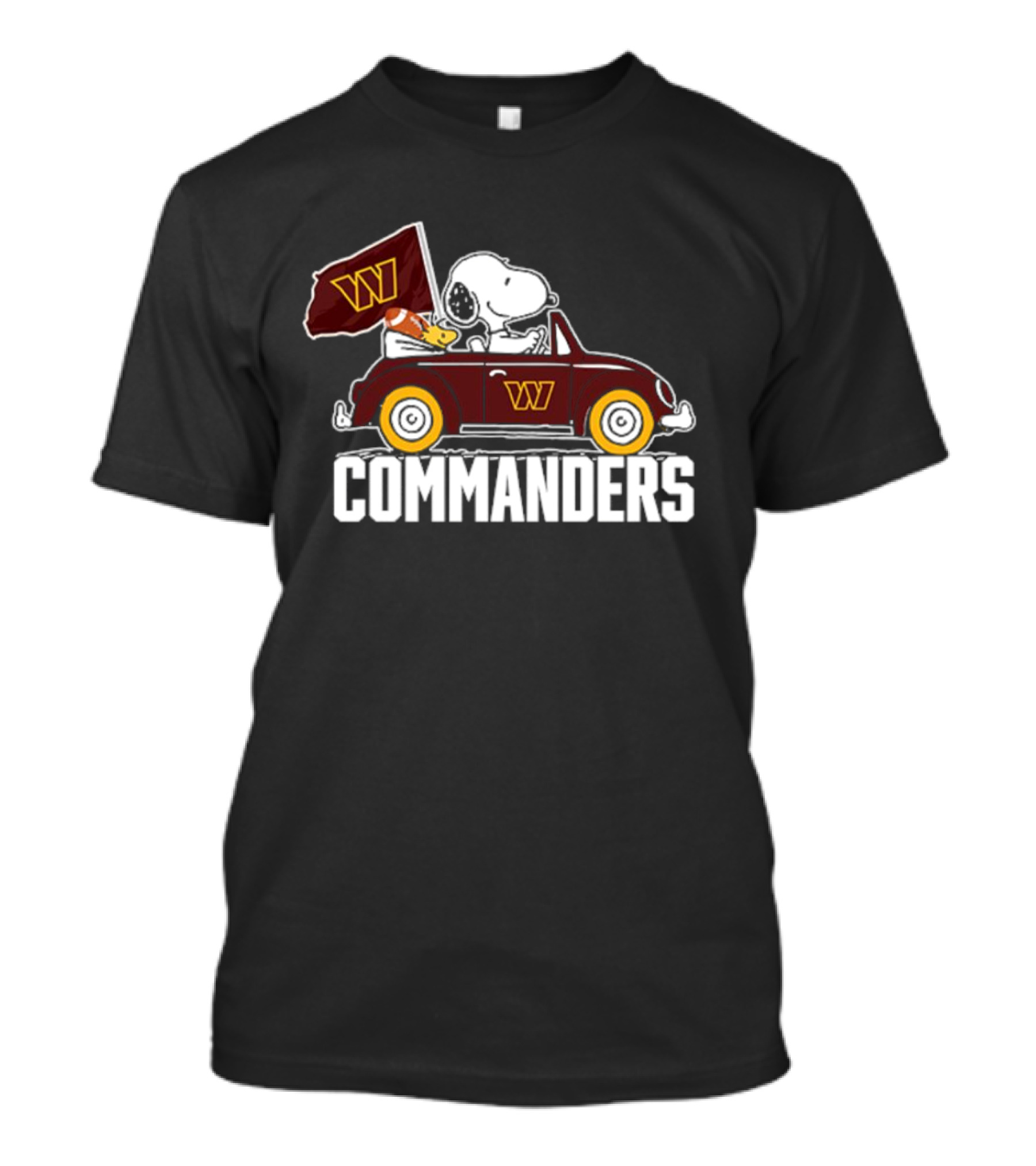 Snoopy And Woodstock Driving Car With Washington Commanders Flag T-Shirt