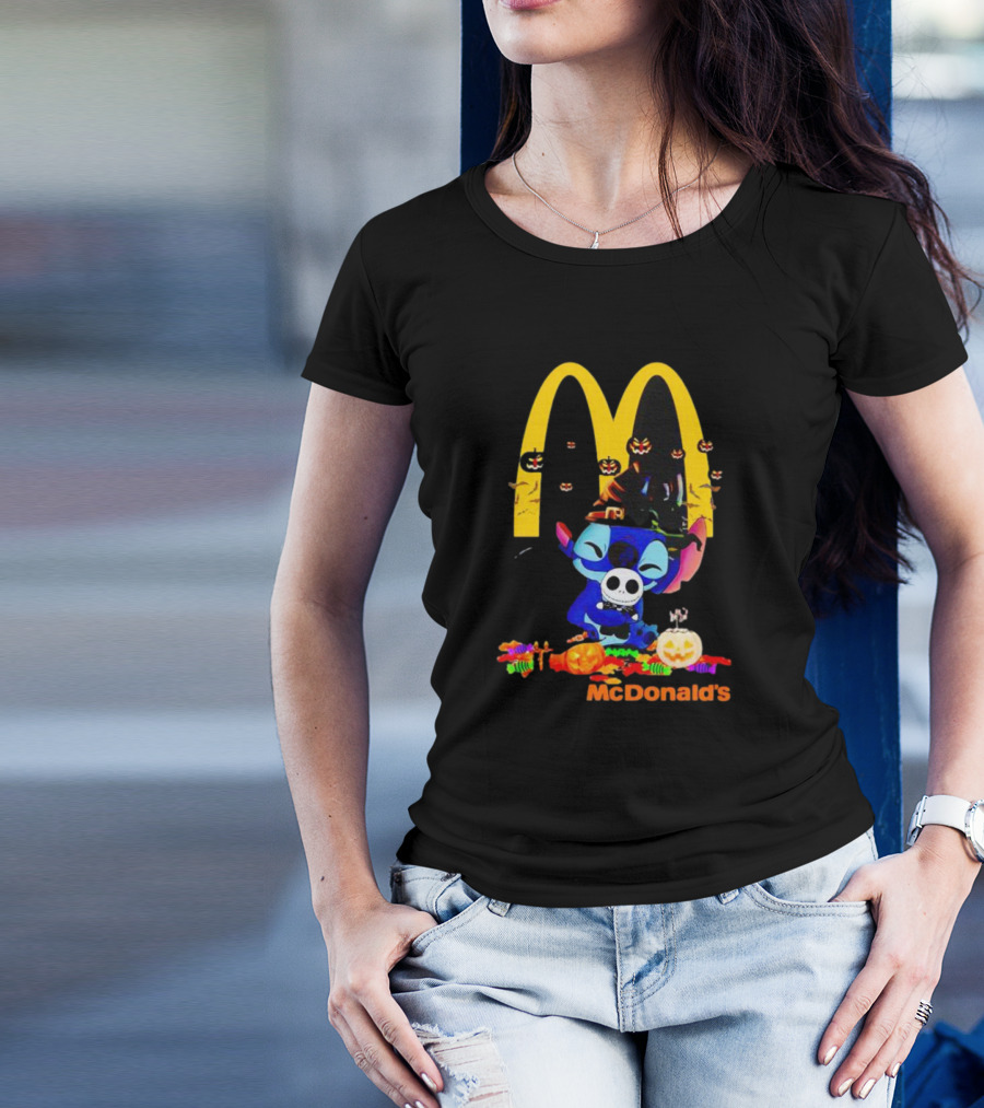 Stitch Hugging Jack Skellington With McDonald’s Halloween Pumpkins And Candy T-Shirt