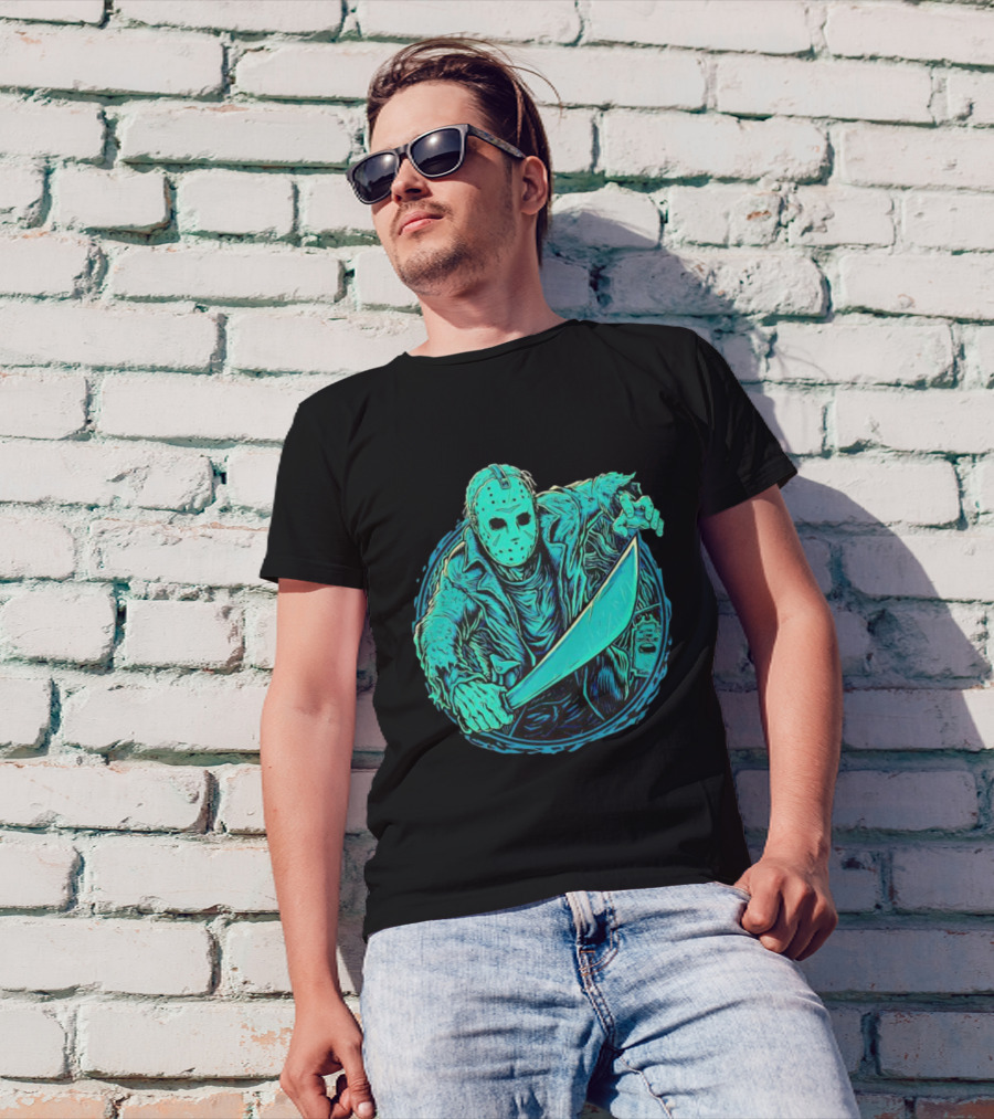 The Crystal Lake Slasher Jason Voorhees Mask And Machete T-Shirt