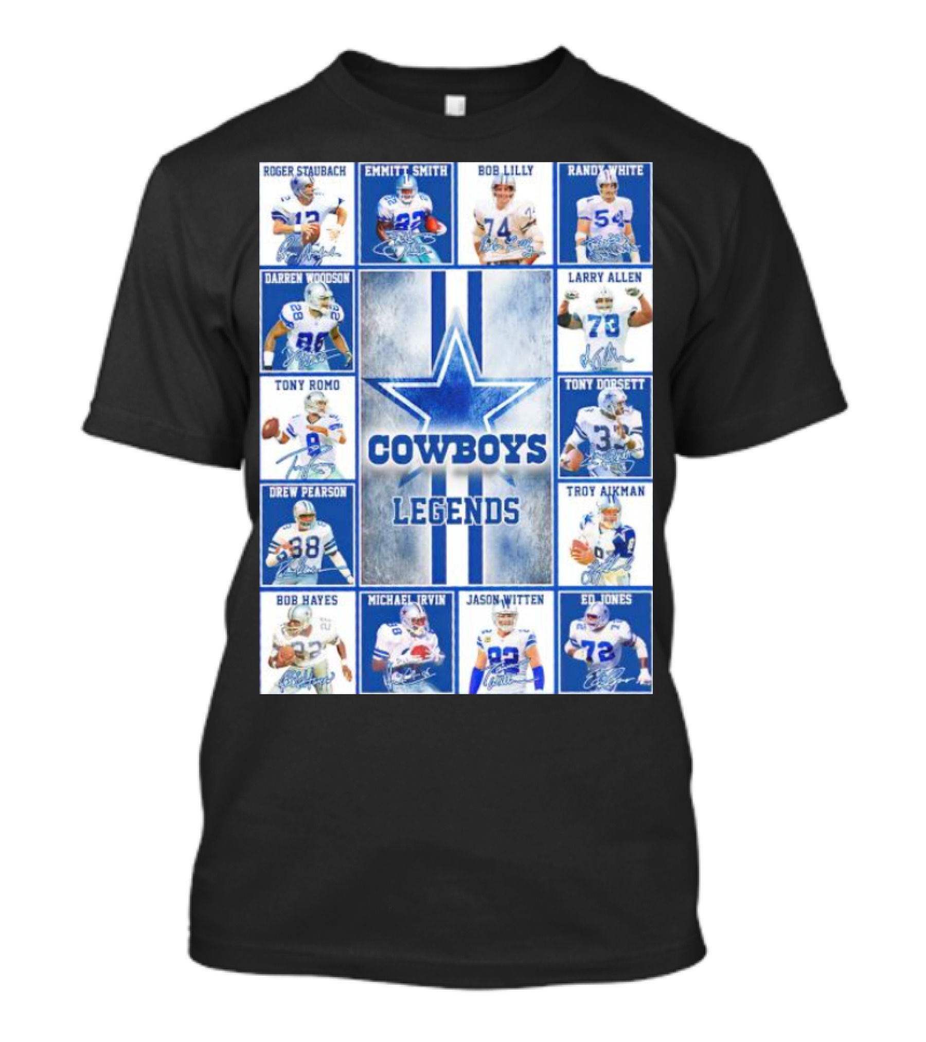 Cowboys Legends Emmitt Smith Troy Aikman Michael Irvin Tony Romo Randy White Larry Allen Tony Dorsett Star Signatures T-Shirt