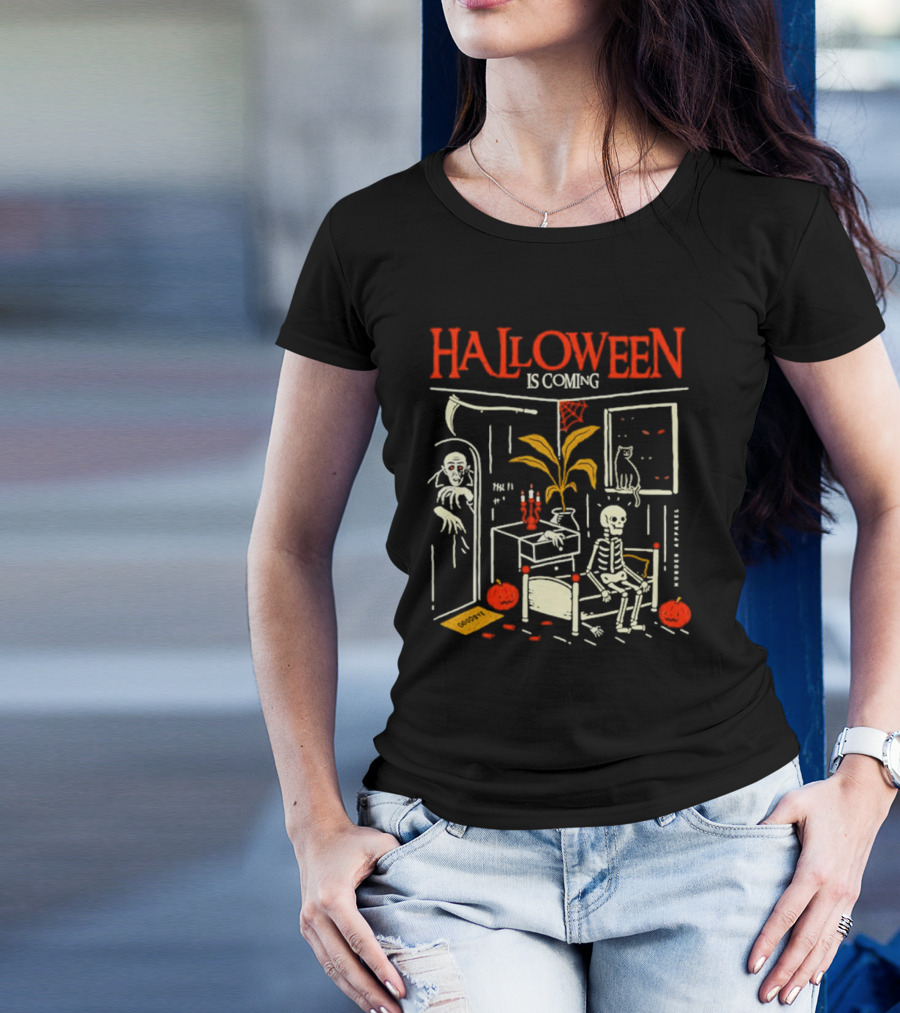 Halloween Is Coming Skeleton With Ghost And Pumpkins In Spooky Room T-Shirt