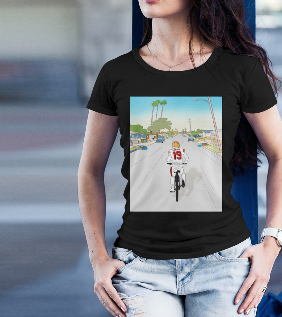 49ers Deebo Samuel Riding Bicycle In Suburban Neighborhood Scene T-Shirt