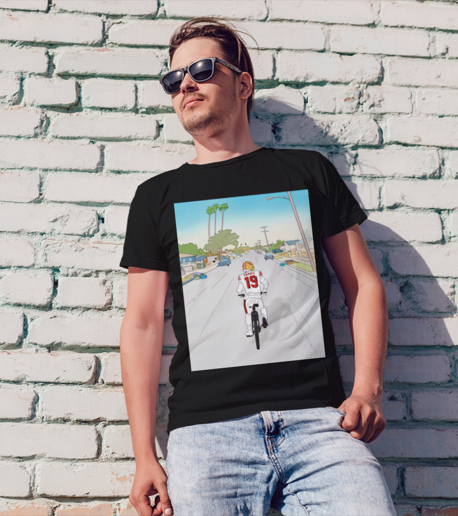 49ers Deebo Samuel Riding Bicycle In Suburban Neighborhood Scene T-Shirt