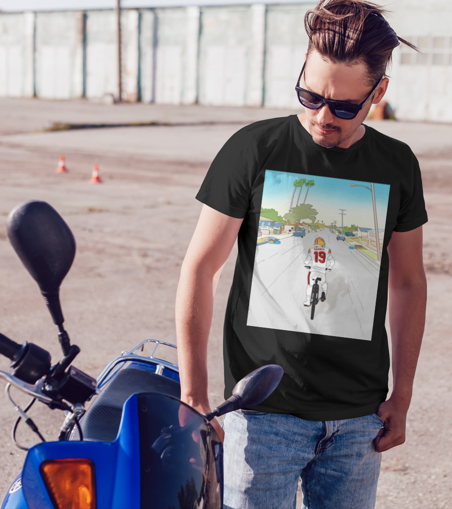 49ers Deebo Samuel Riding Bicycle In Suburban Neighborhood Scene T-Shirt