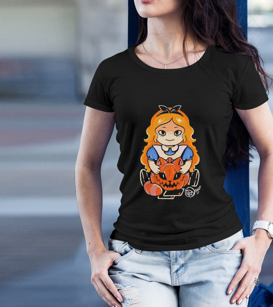 Chibi Alice Wonderland Halloween With Pumpkin And Rose T-Shirt