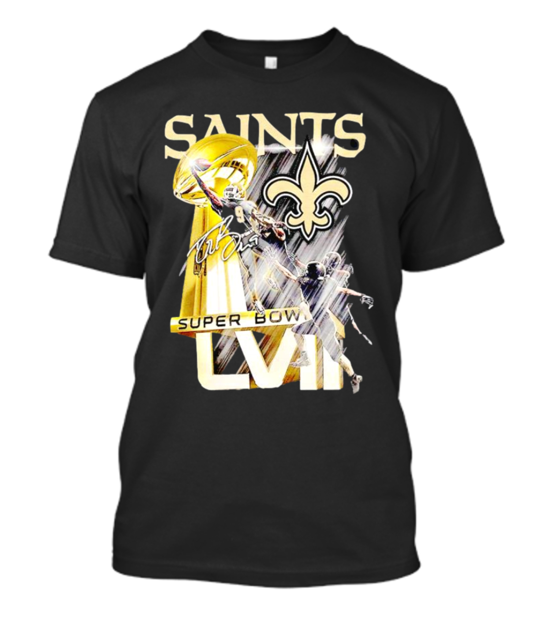 Saints Drew Brees Super Bowl XLIV Signature Fleur-de-Lis Trophy Moment T-Shirt