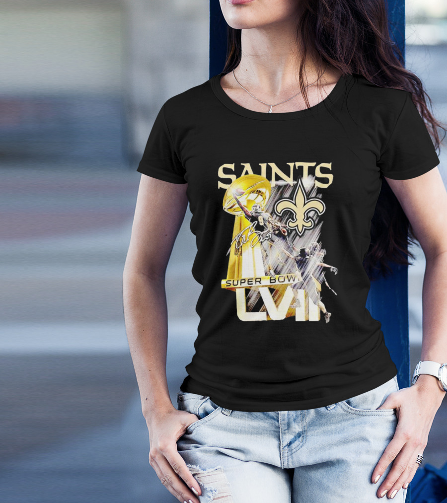 Saints Drew Brees Super Bowl XLIV Signature Fleur-de-Lis Trophy Moment T-Shirt