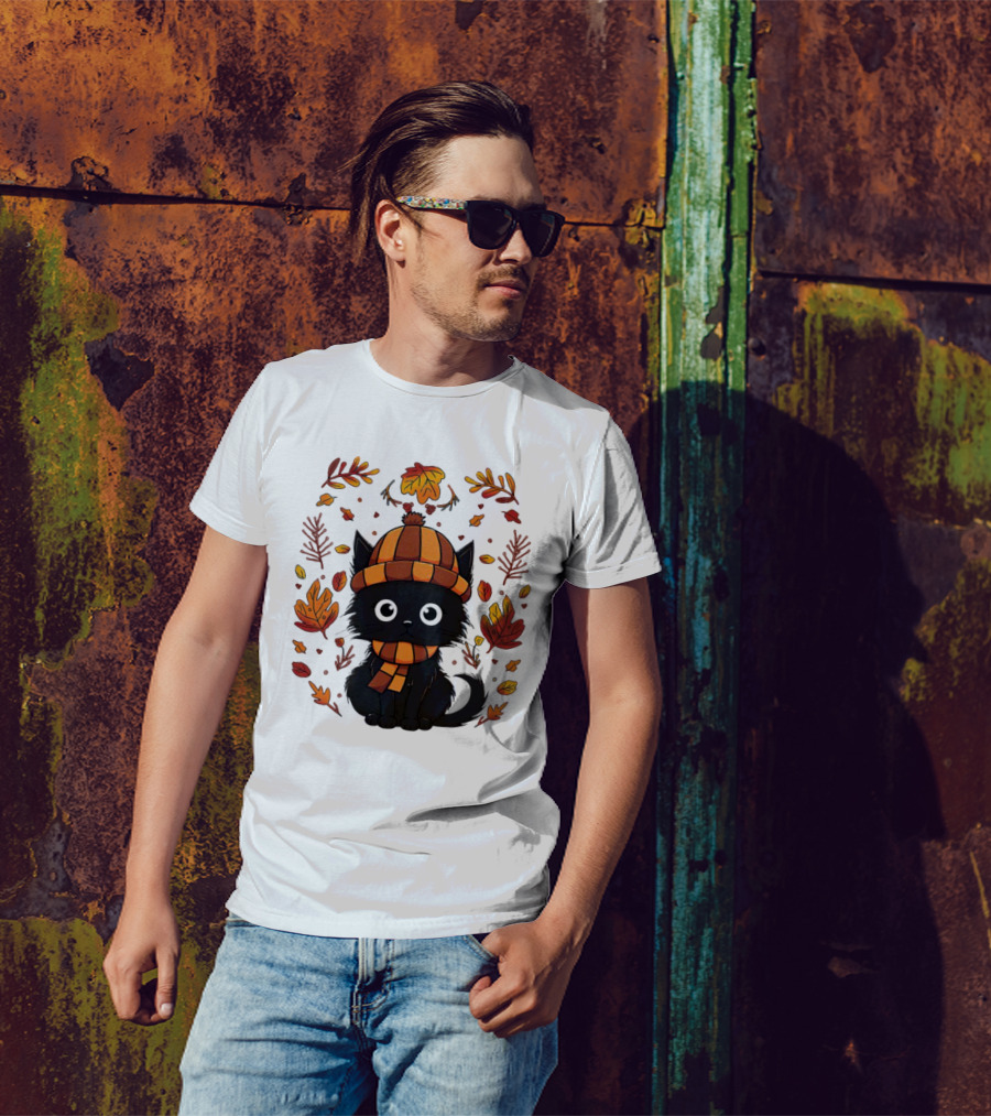 Black Cat Autumn Leaves Cozy Fall T-Shirt