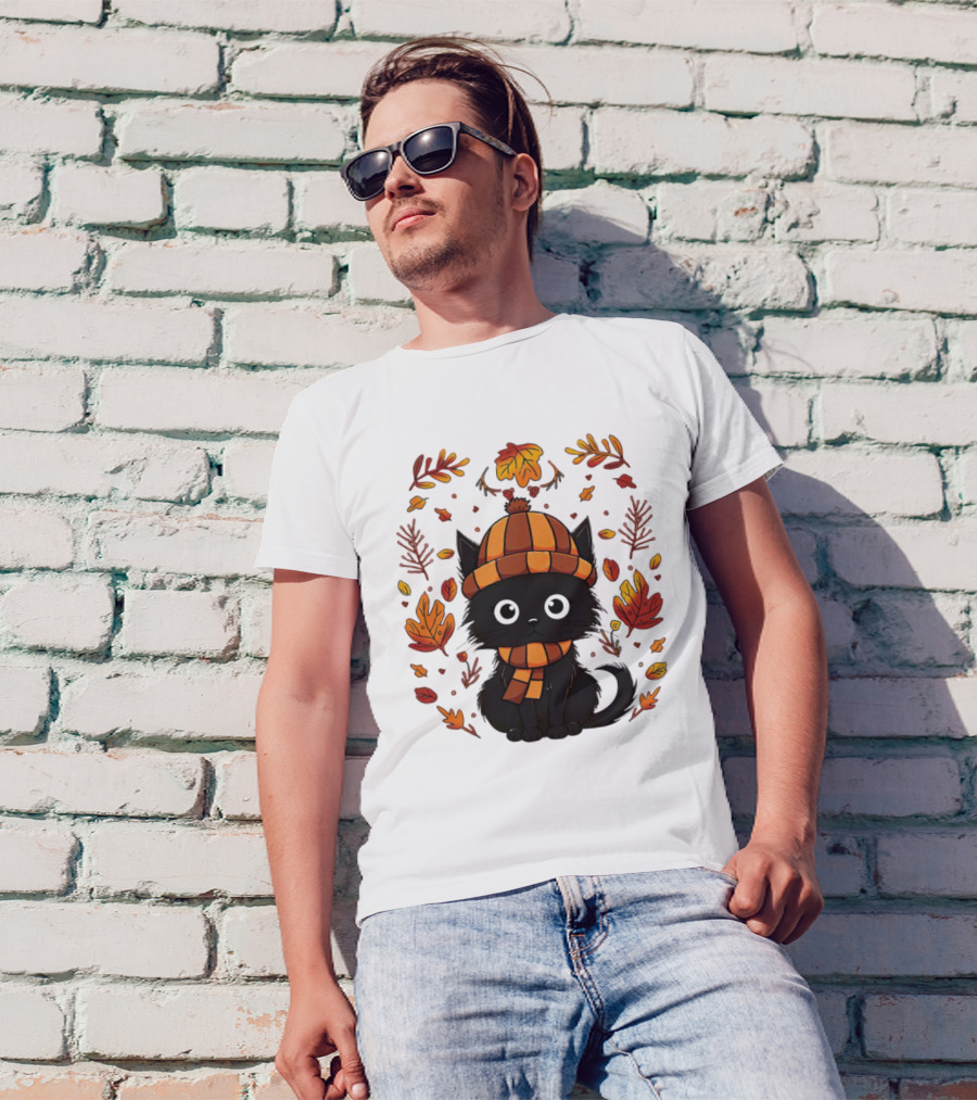 Black Cat Autumn Leaves Cozy Fall T-Shirt