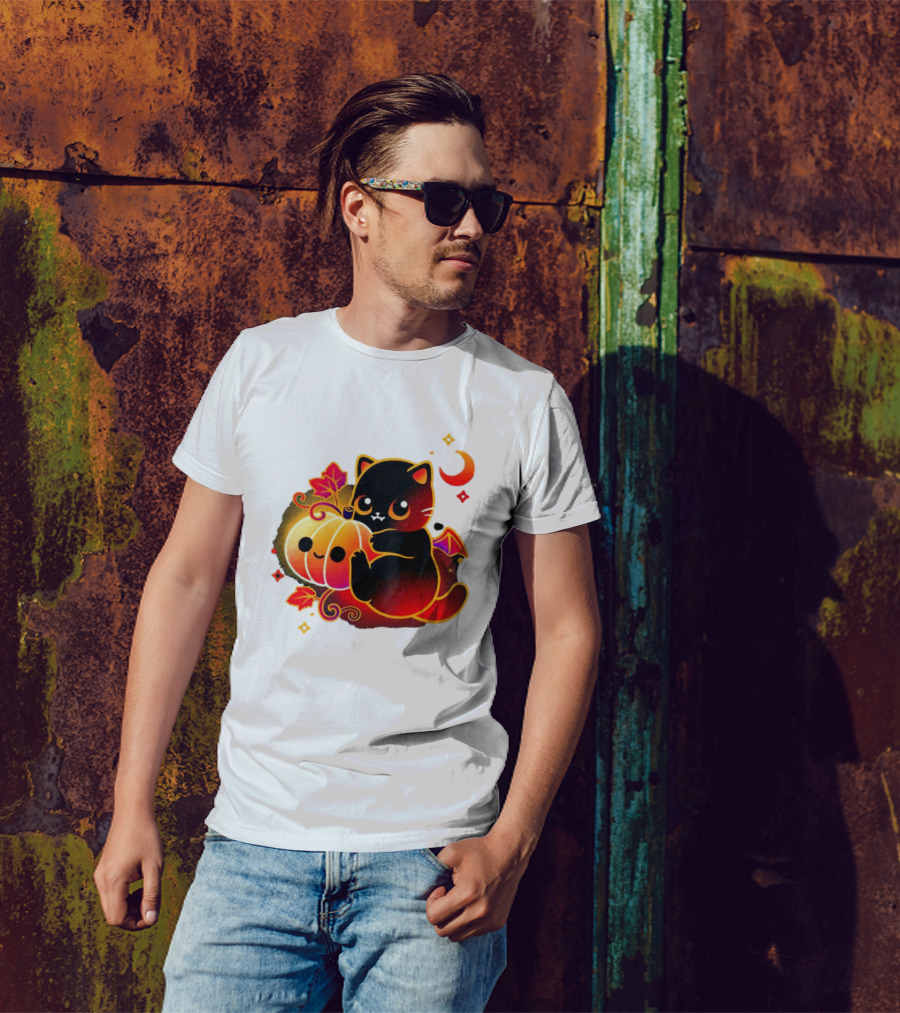 Cat Demon Halloween Moon Pumpkin Leaves Bat Wings T-Shirt
