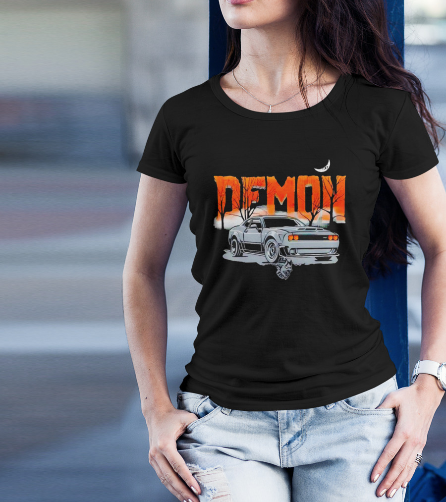 Demon Dodge Challenger SRT Halloween Moon Scene T-Shirt