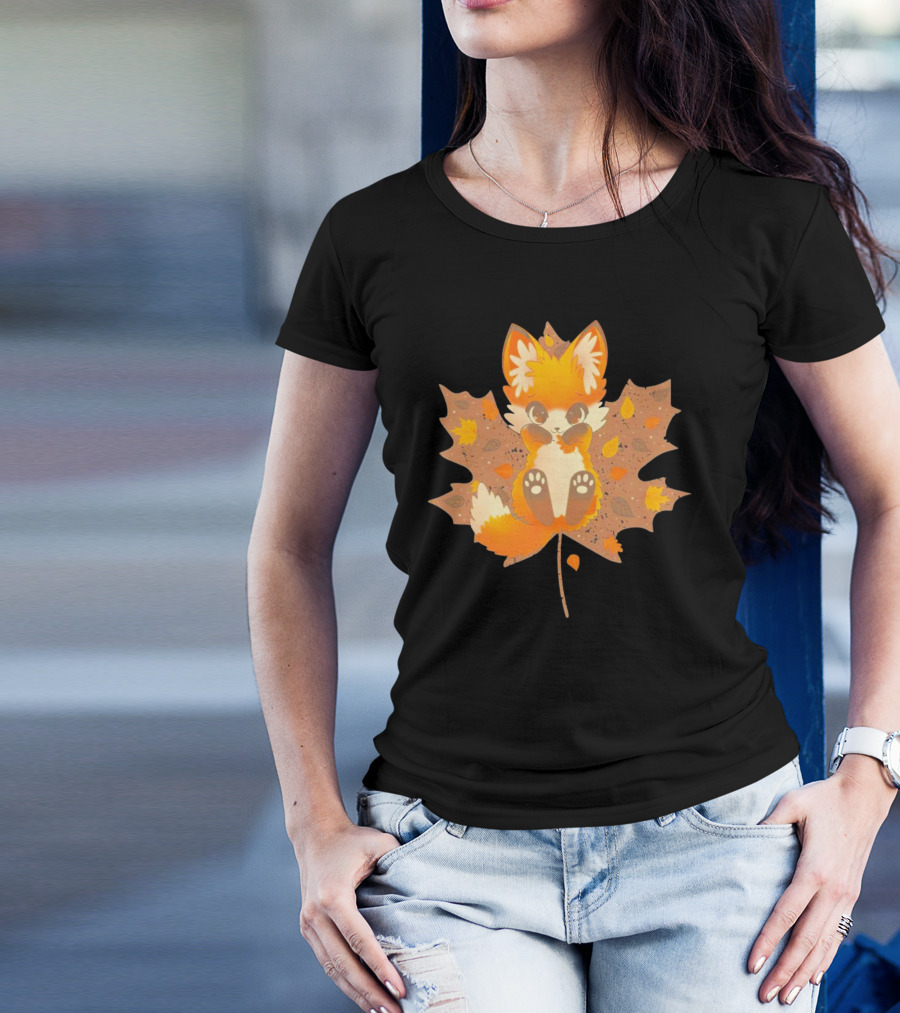 Kitsune Autumn Fox With Maple Leaf And Fall Colors T-Shirt